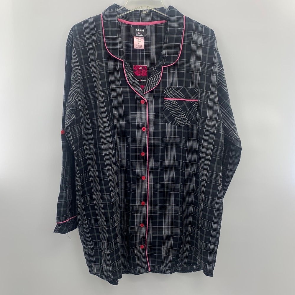 Ashford & Brooks Womens Sleep Shirt Plaid Nightshirt Button Down Black Pink L
